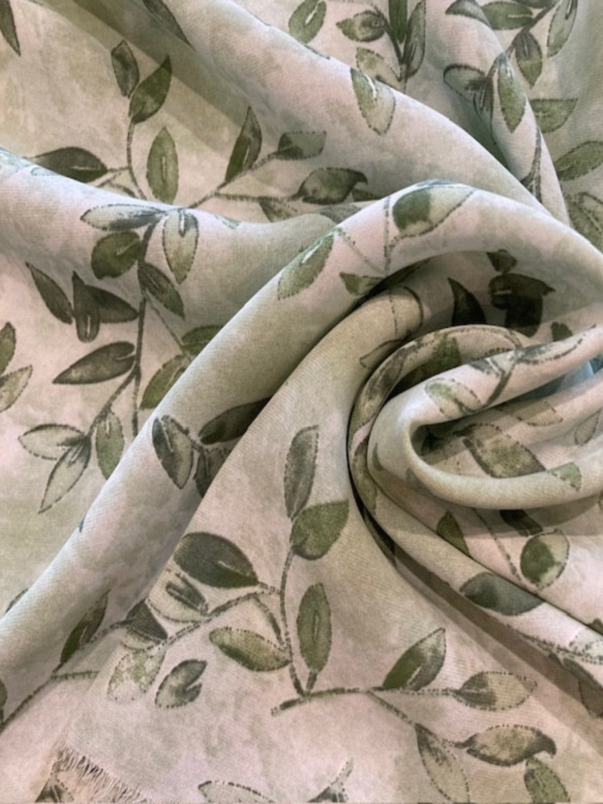 Shades of Green Leaf Sprigs on Silky Woven