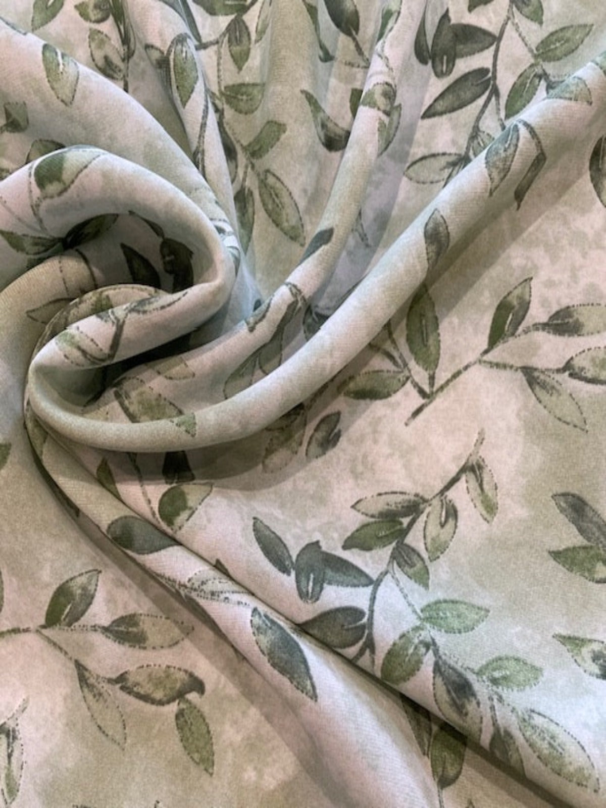 Shades of Green Leaf Sprigs on Silky Woven