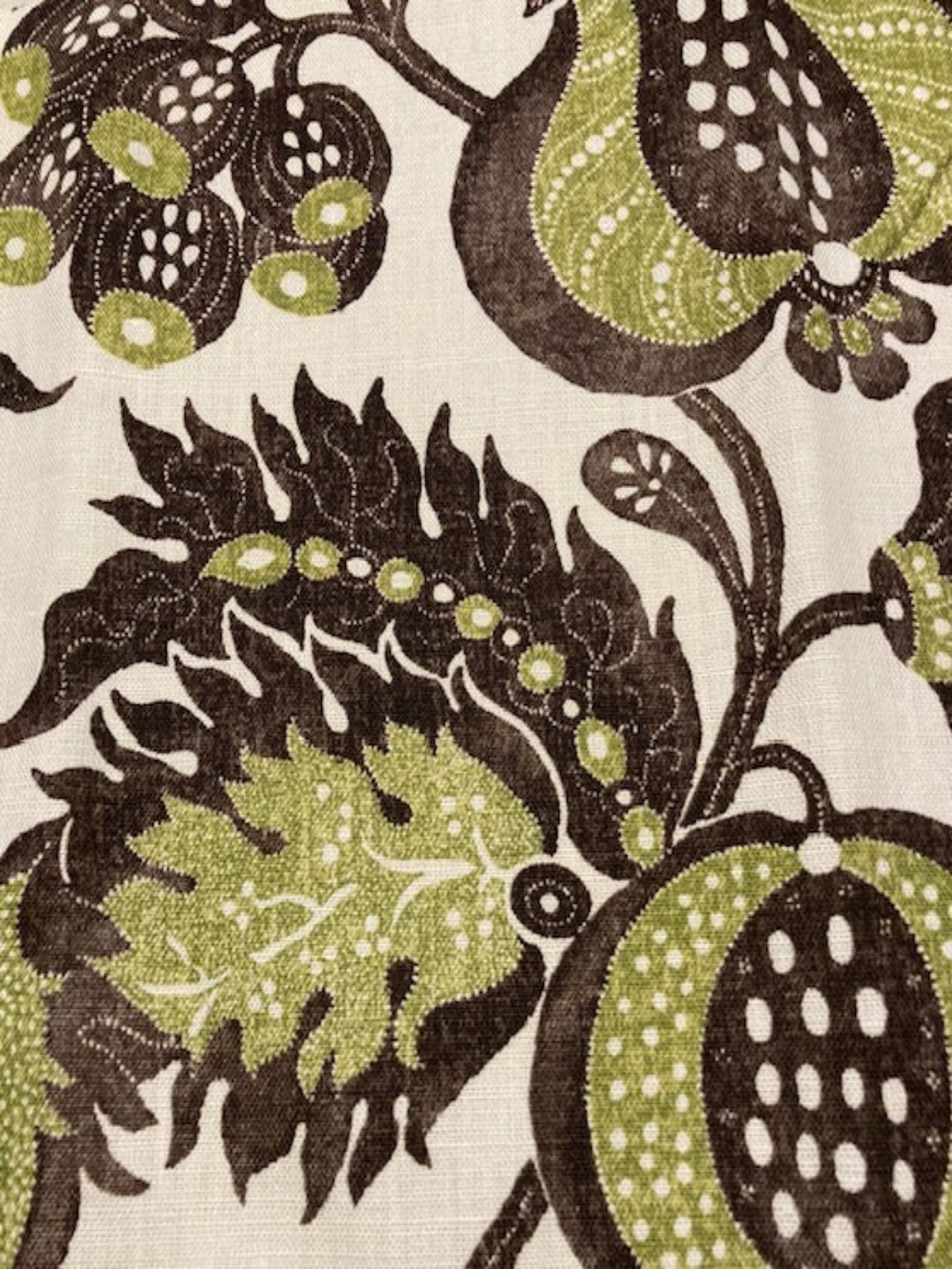 Lime/Brown Flowers & Fruits on Linen Mix "Sanderson - China Blue"