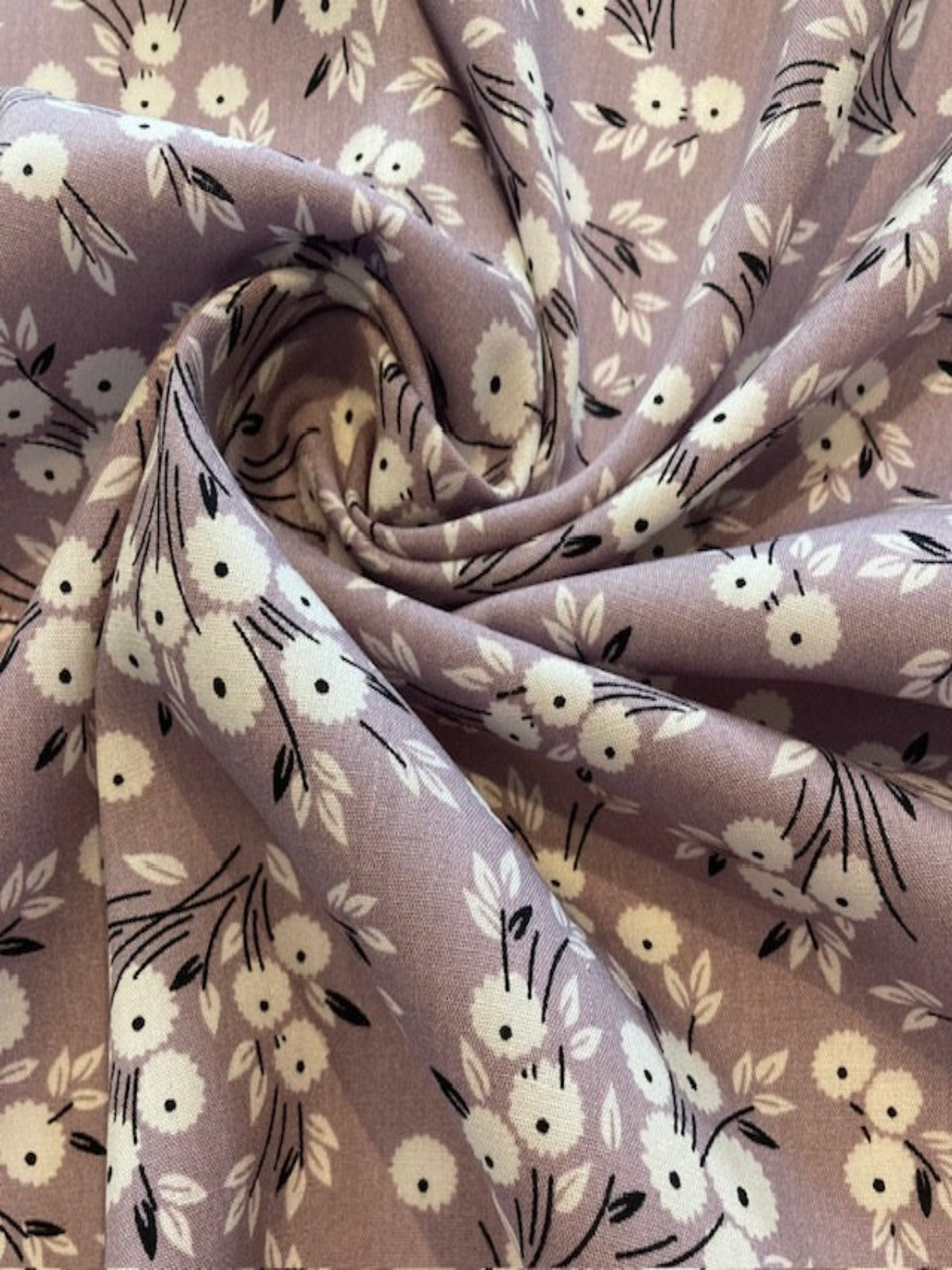 Flowers on Mauve Viscose – Soft Floral Dress Fabric