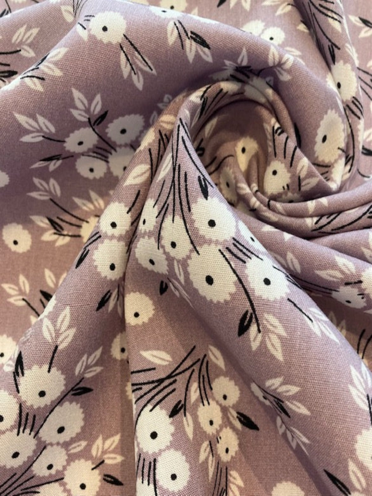 Flowers on Mauve Viscose – Soft Floral Dress Fabric