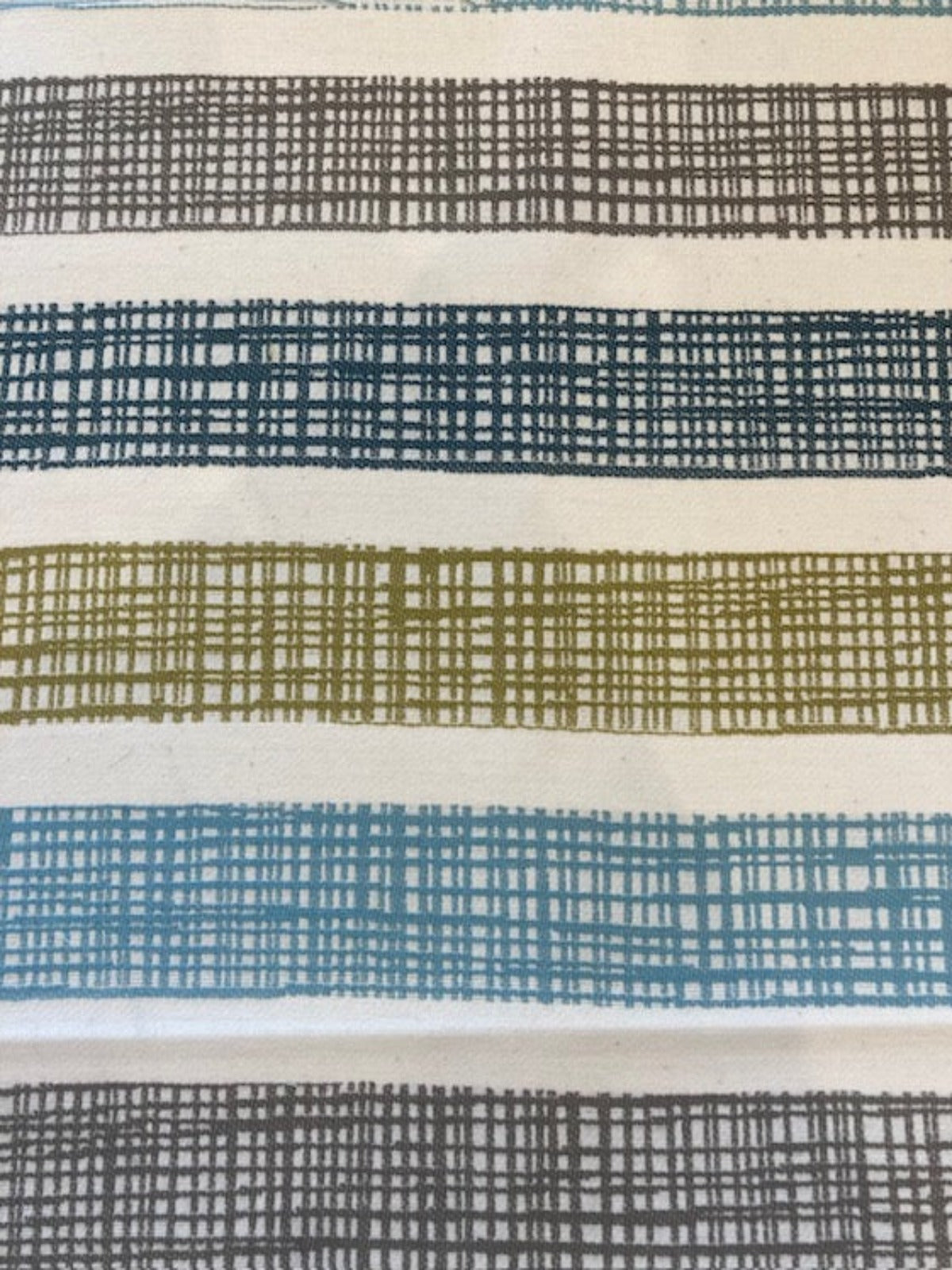 Grey/Lime/Blue/Teal Basket Weave effect Stripes Running across the Fabric - with Fire Retardant Finish