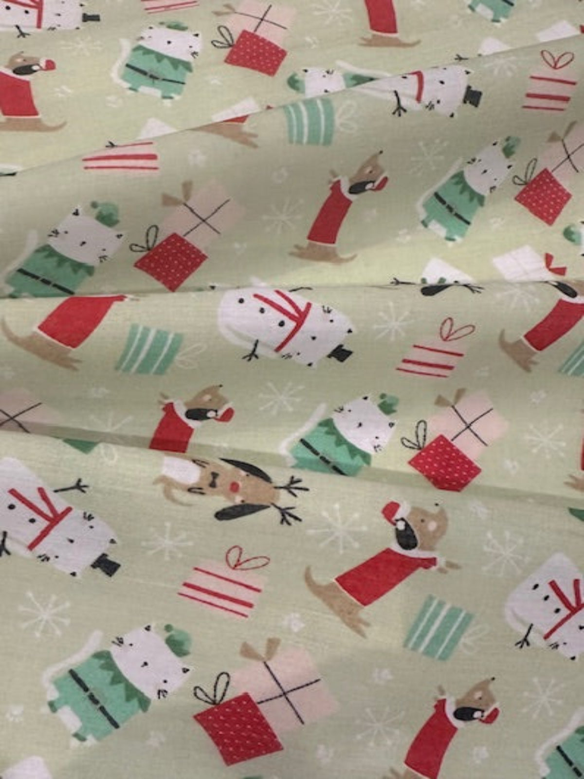 Christmas Cats & Dogs on Mint Poly/Cotton