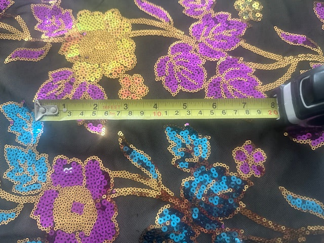 Multi Coloured Flower Design Sequin on Black Mesh