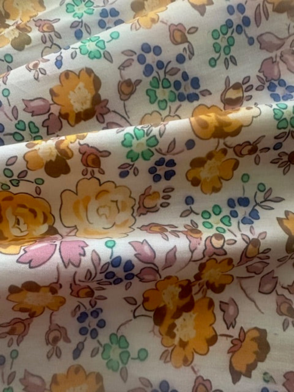 Mustard/Mauve Floral with Green/Blue Highlights on Cotton Lawn