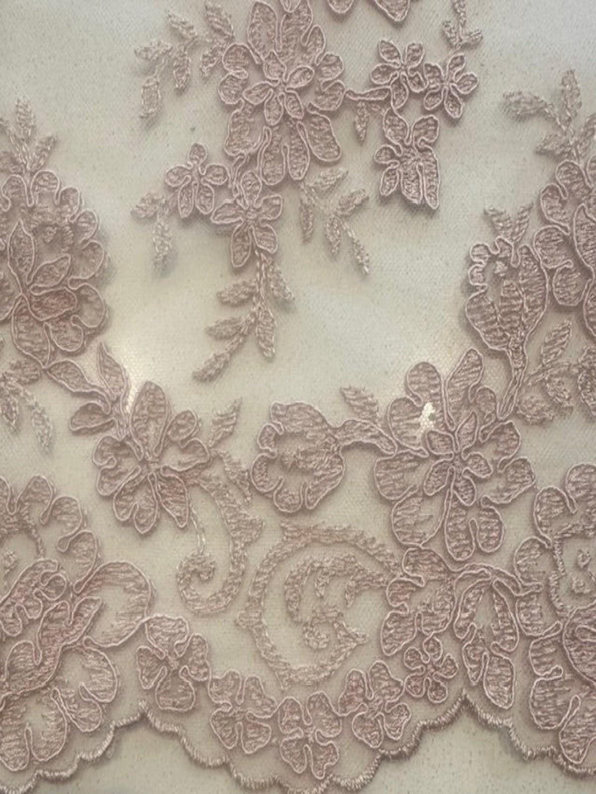 Nude Corded Embroidery on Tulle with Scalloped Edge