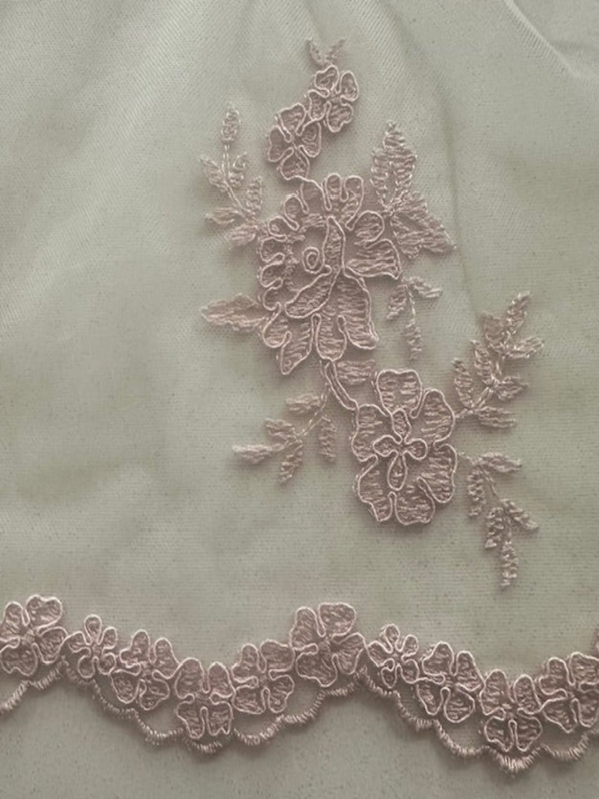 Nude Corded Embroidery on Tulle with Scalloped Edge