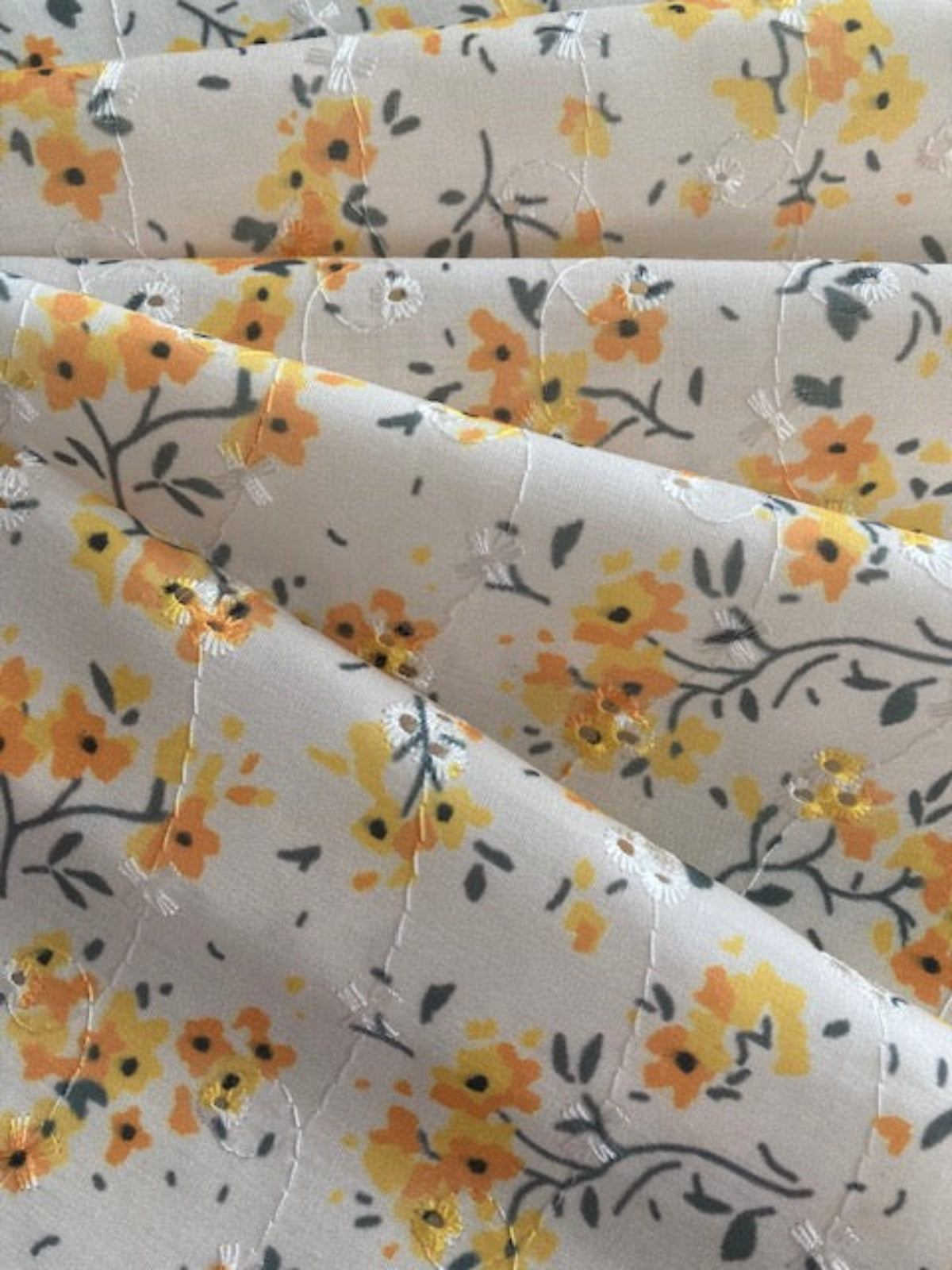 Orange Flower Bunches on Ivory Embroidered Broderie Anglais, Cotton Feel