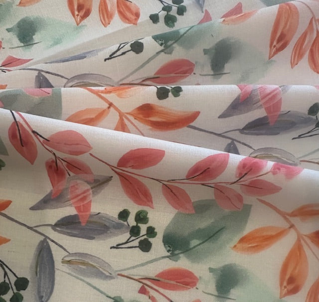 Orange & Coral Leaf Print Cotton Lawn – 100% Cotton, 145 cm Wide