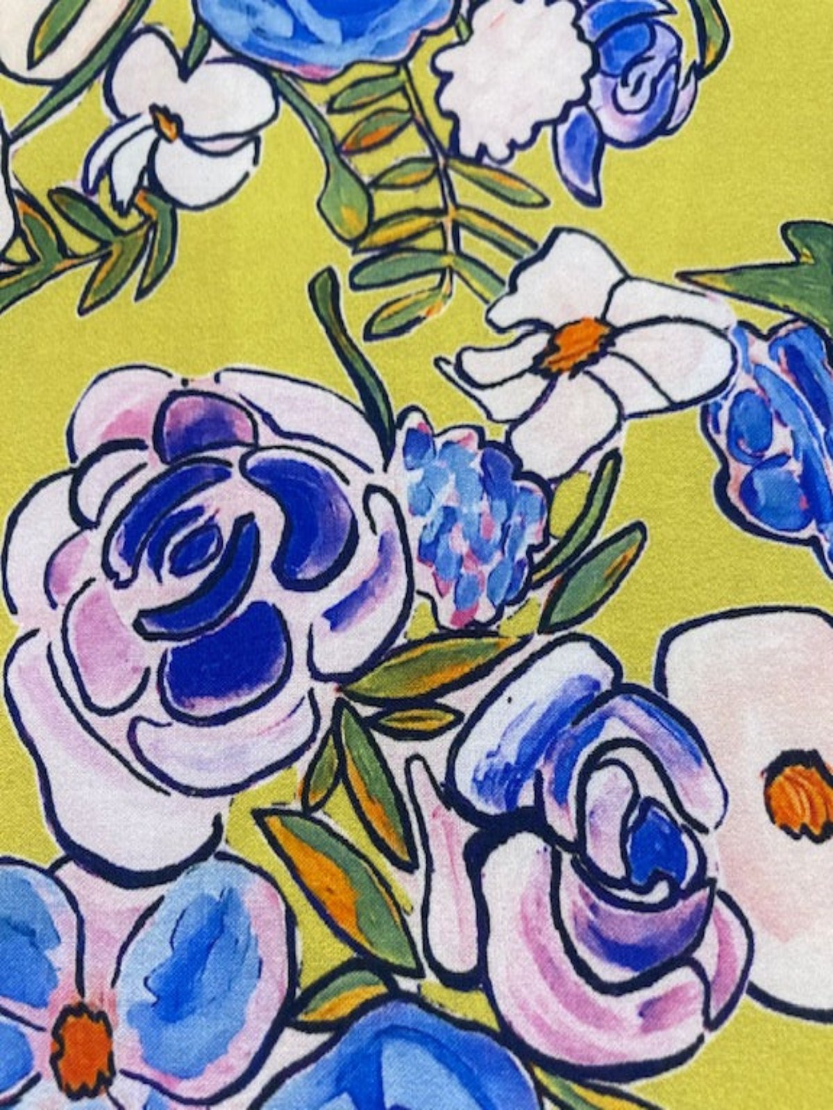 Blue & Pink Abstract Roses on Lime Green – Fine Cotton, 145 cm Wide