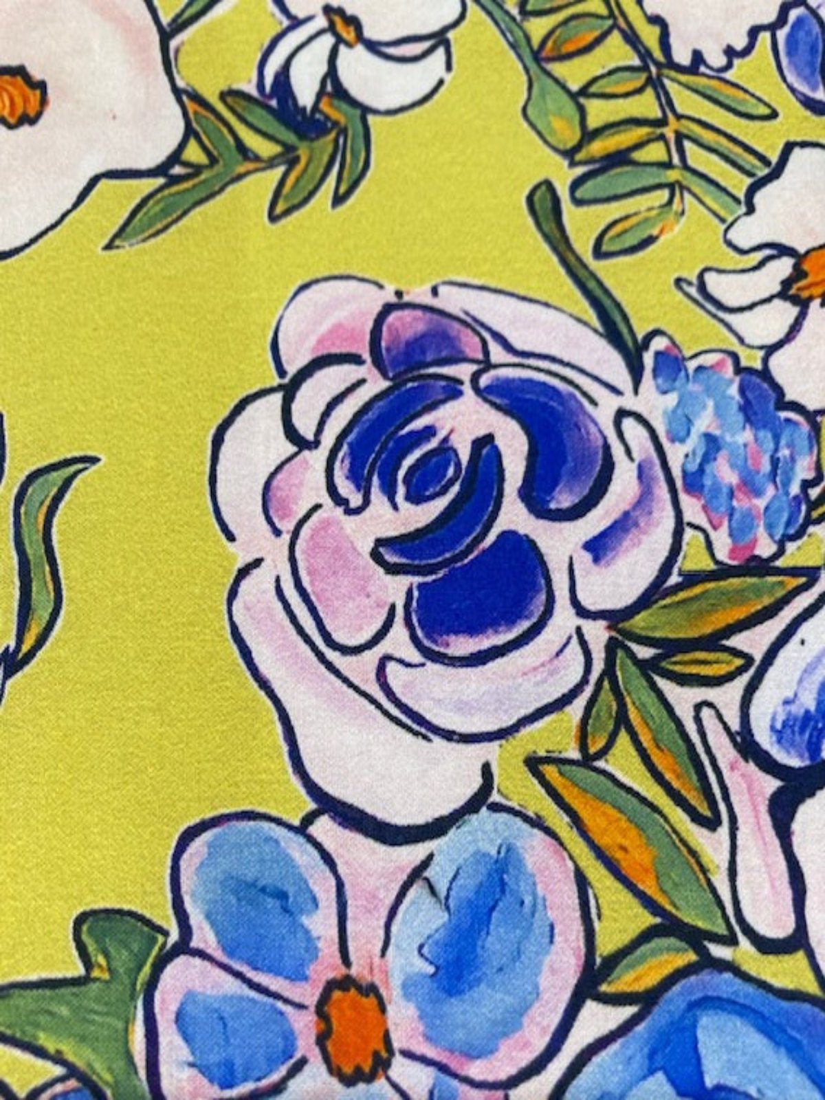 Blue & Pink Abstract Roses on Lime Green – Fine Cotton, 145 cm Wide