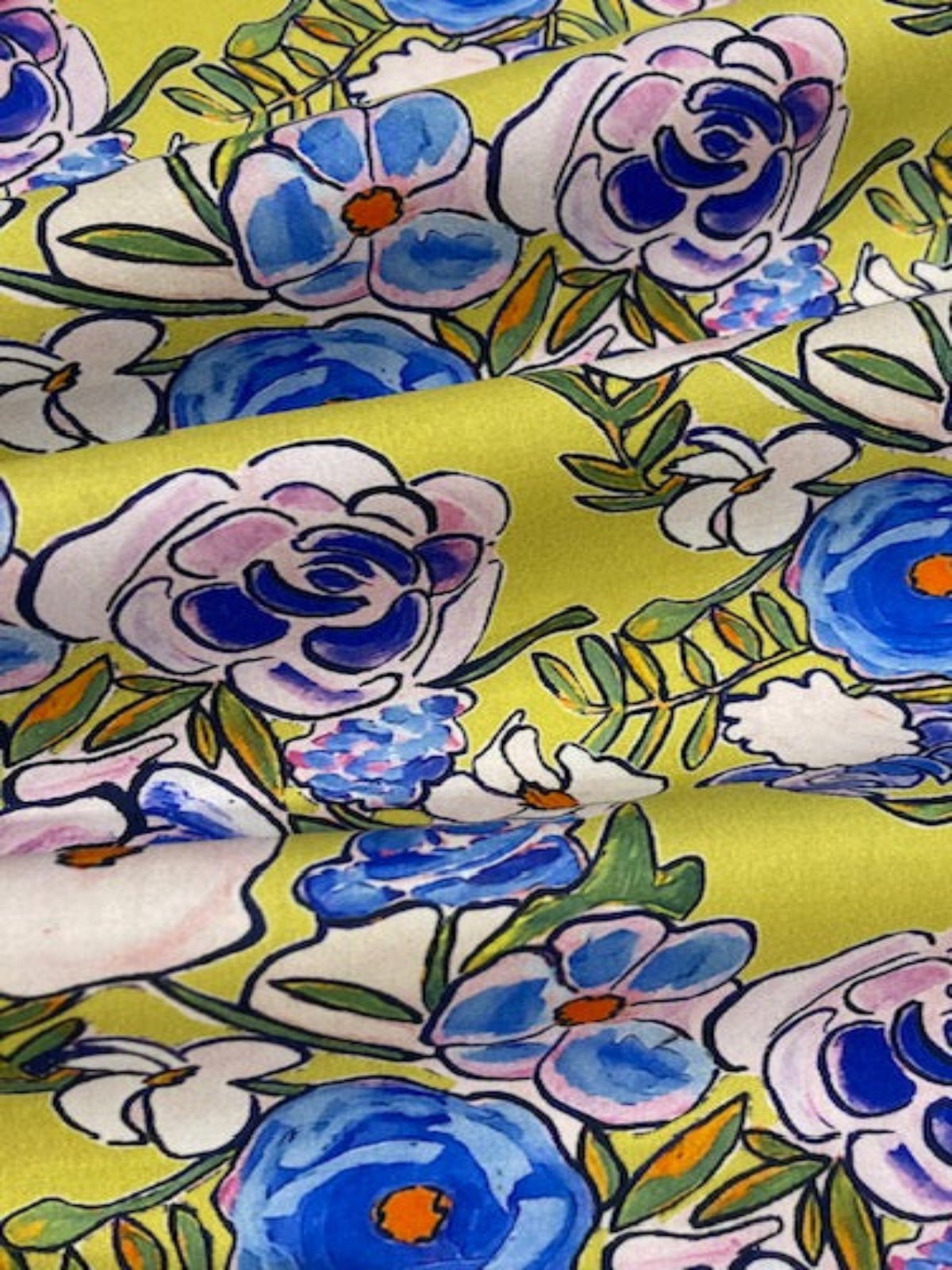 Blue & Pink Abstract Roses on Lime Green – Fine Cotton, 145 cm Wide