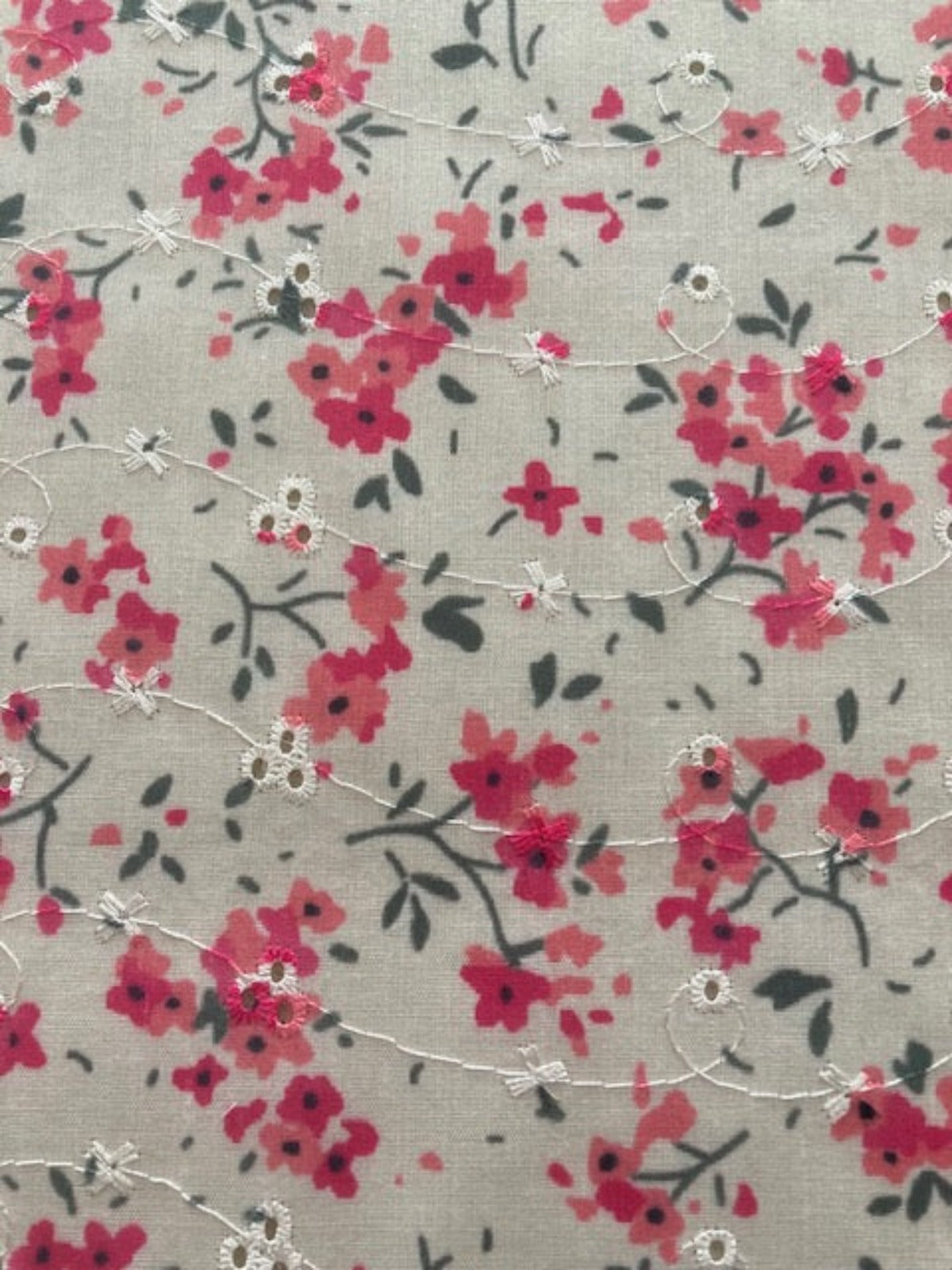 Bright Pink Flower Bunches on Embroidered Broderie Anglais – Cotton Feel