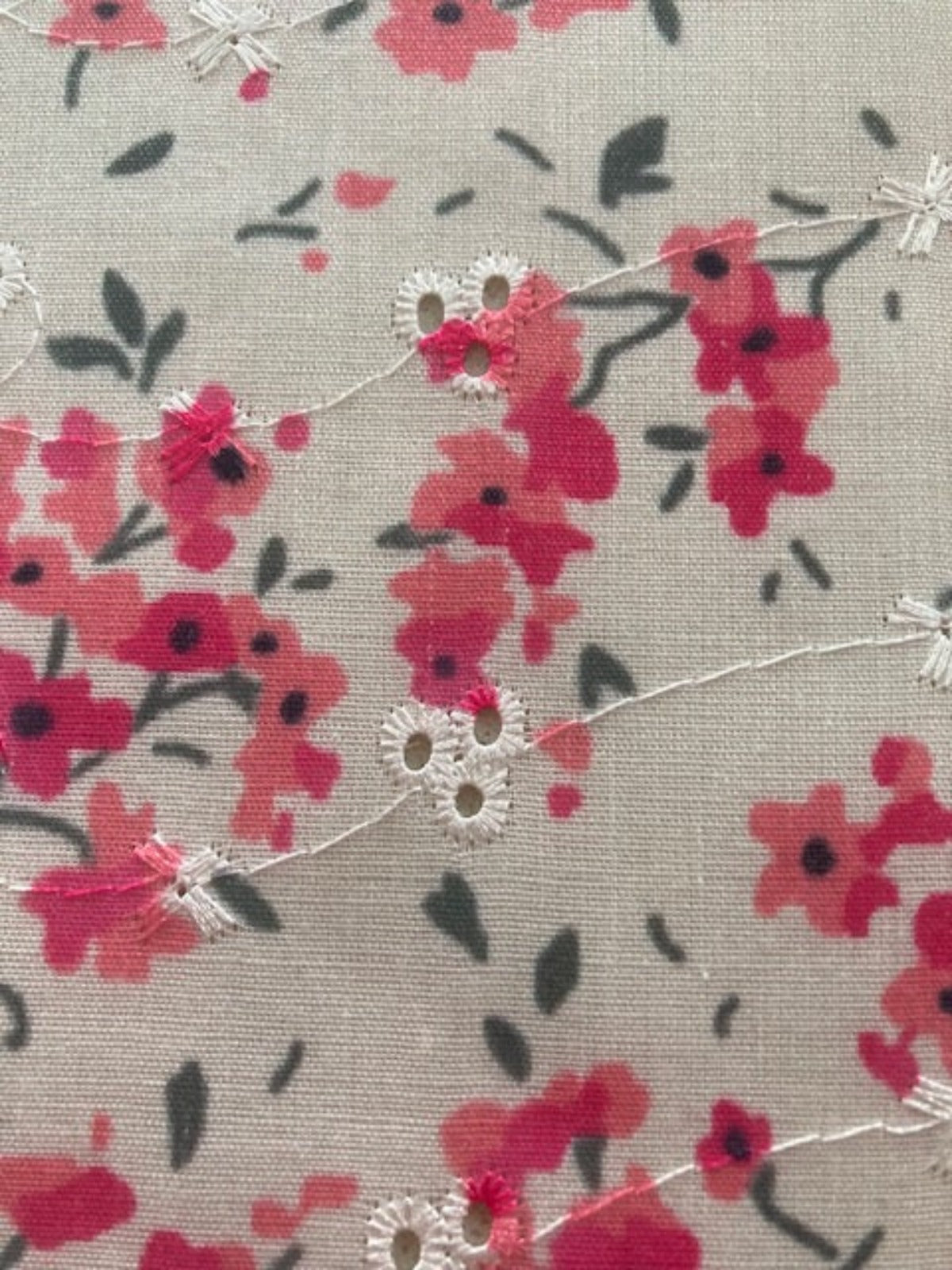 Bright Pink Flower Bunches on Embroidered Broderie Anglais – Cotton Feel