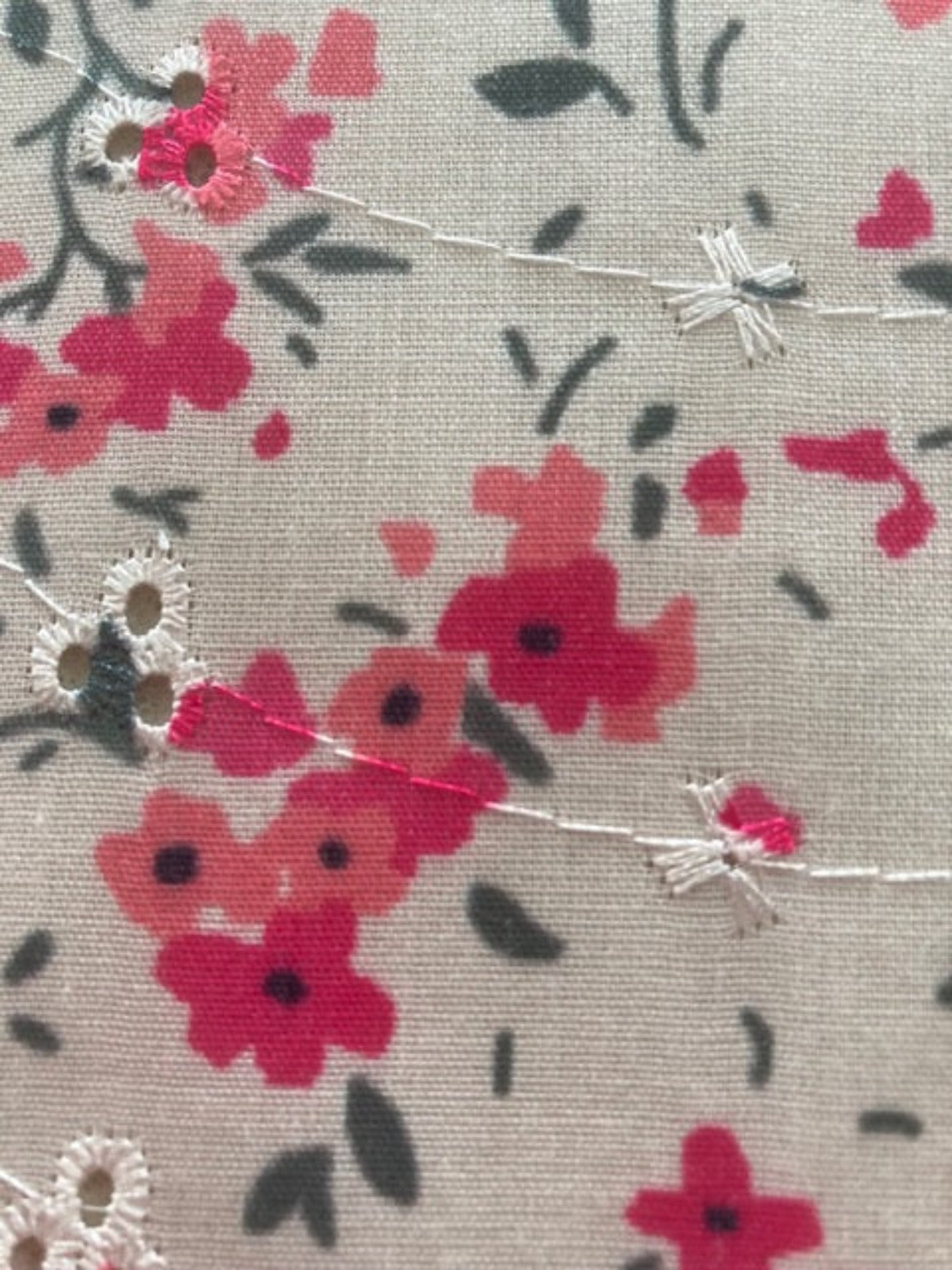 Bright Pink Flower Bunches on Embroidered Broderie Anglais – Cotton Feel