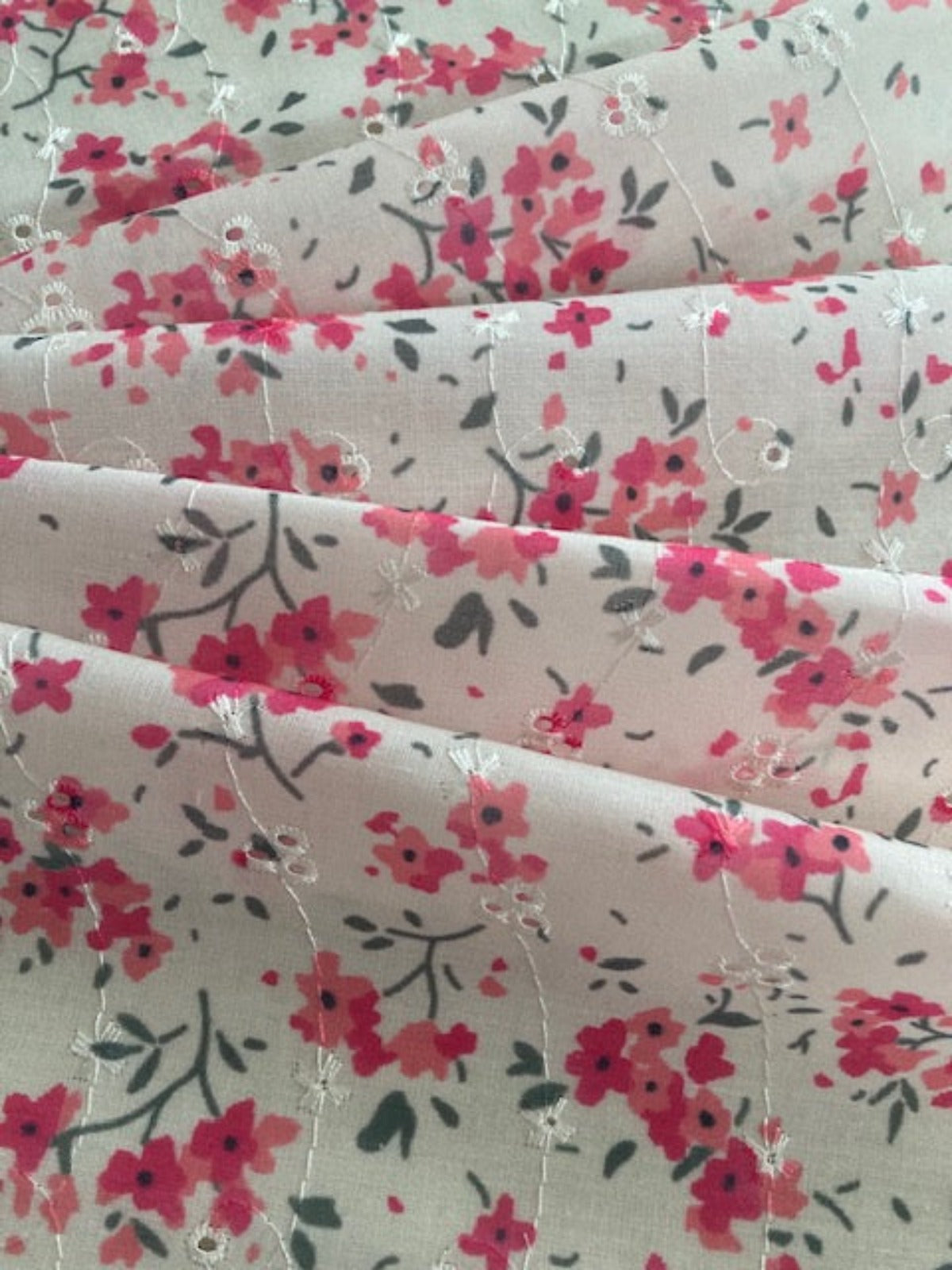 Bright Pink Flower Bunches on Embroidered Broderie Anglais – Cotton Feel
