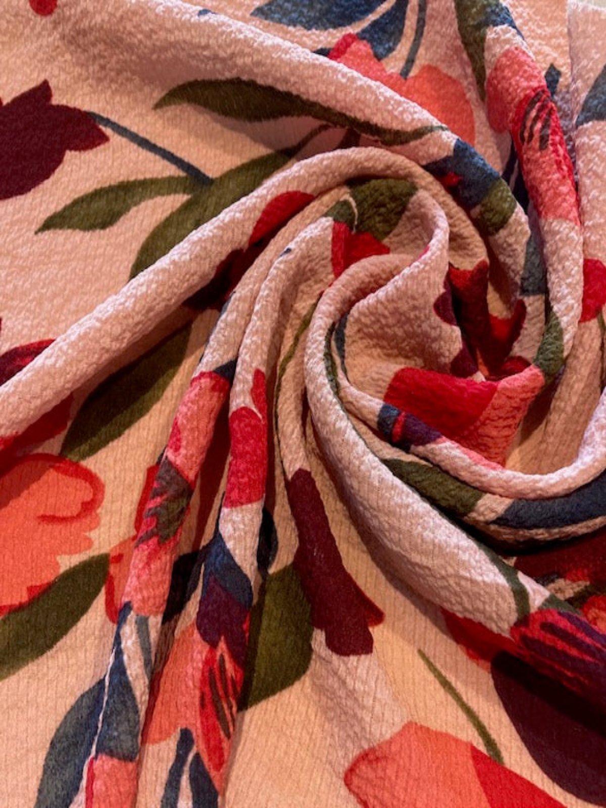Pink & Red Flowers on Coral Pink Lightweight Double Crepe
