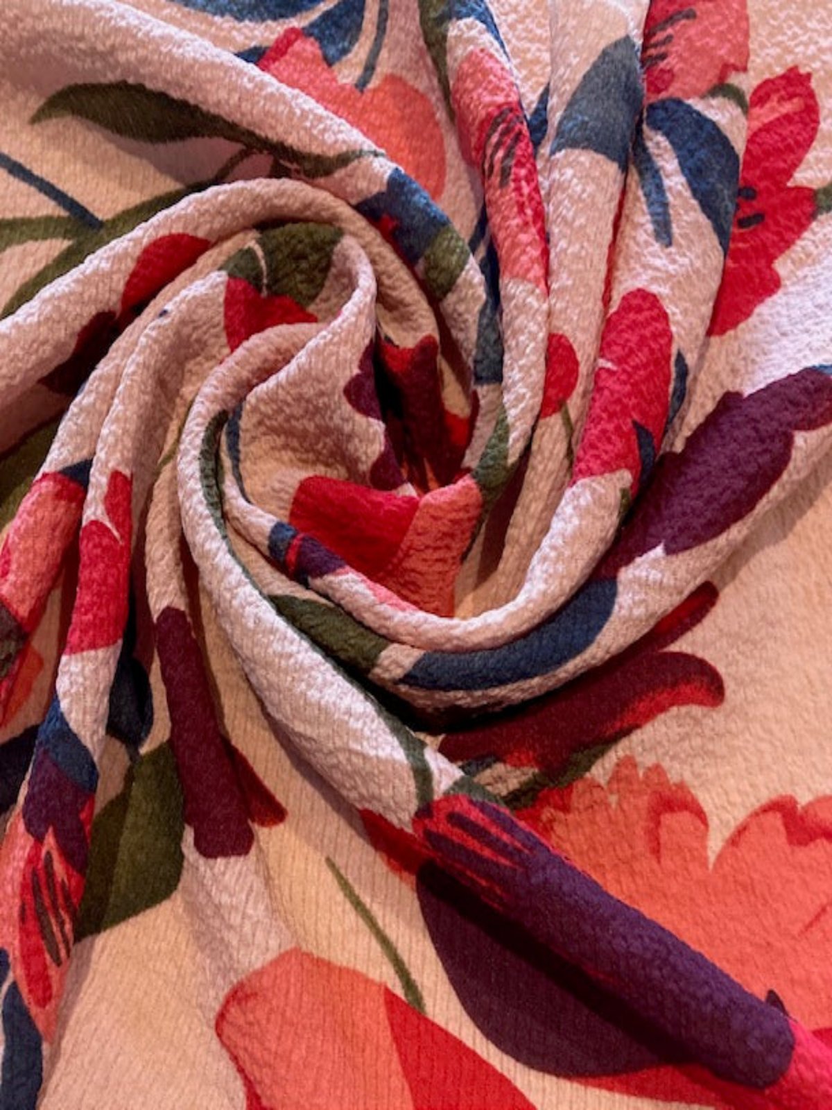 Pink & Red Flowers on Coral Pink Lightweight Double Crepe