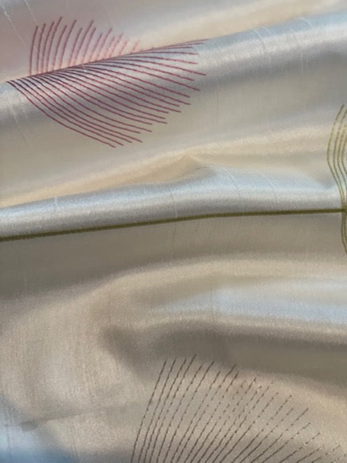 Pink/Lime Fan Plant Embroidery on Ivory Dupion