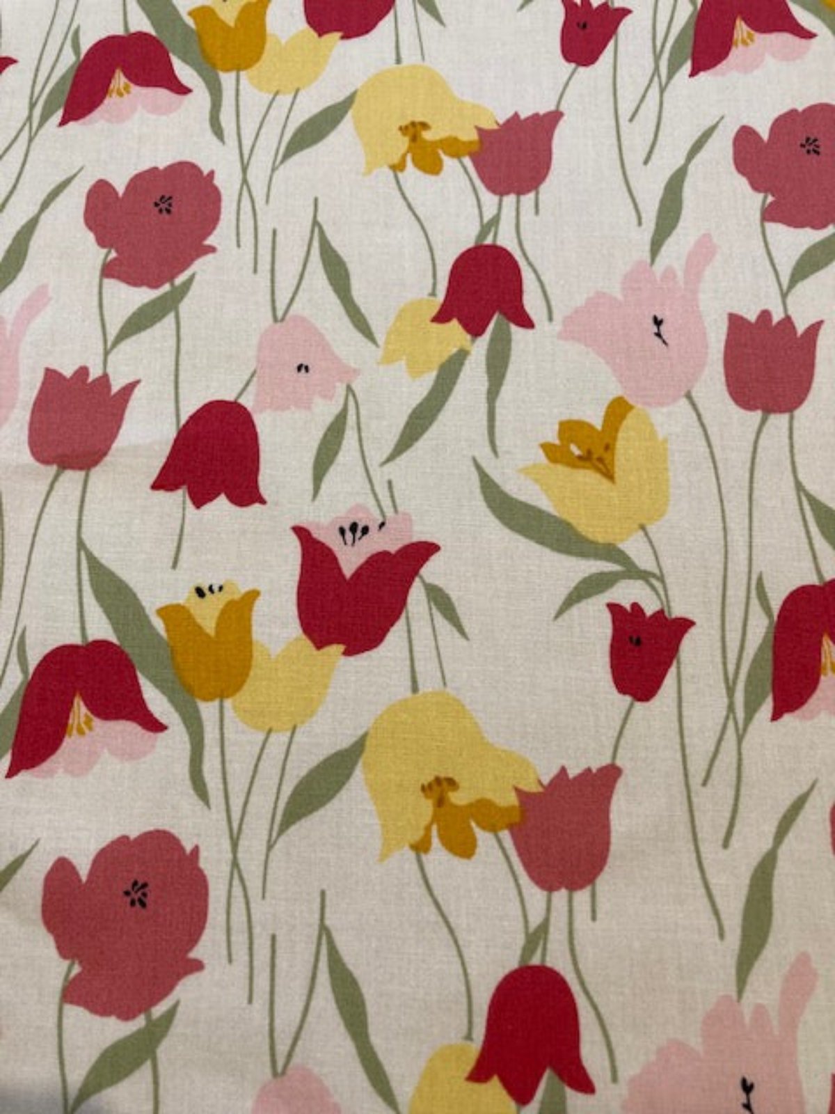 Pink and Yellow Tulips on white Cotton Lawn