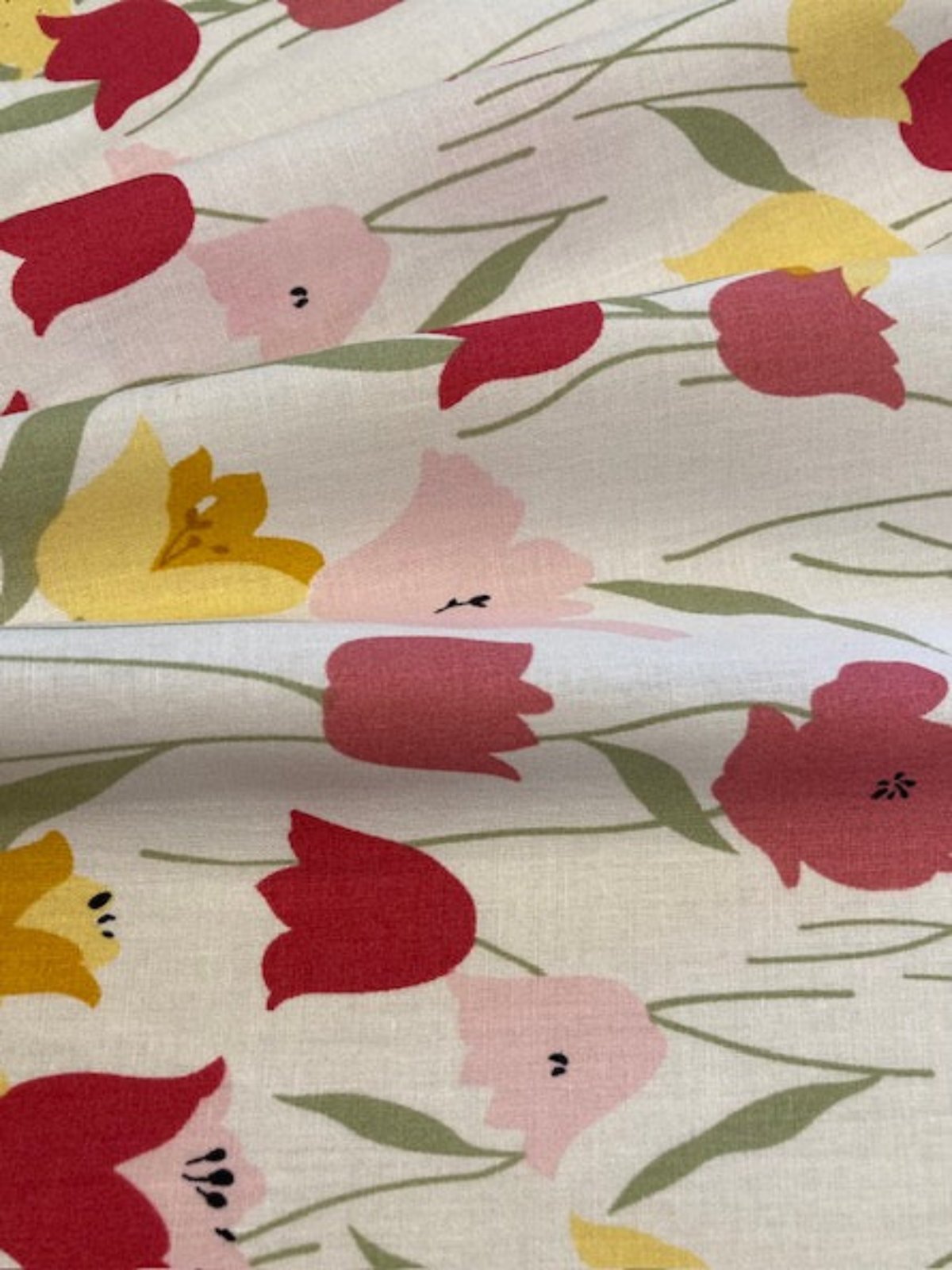 Pink and Yellow Tulips on white Cotton Lawn