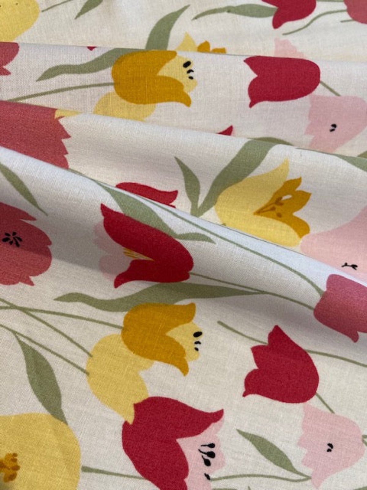 Pink and Yellow Tulips on white Cotton Lawn