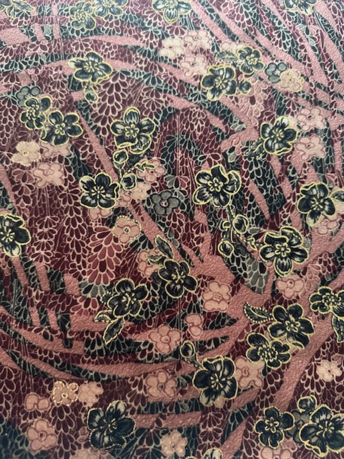 Dusty Pink/Claret Floral with Gold Highlights on Short Pile Velvet