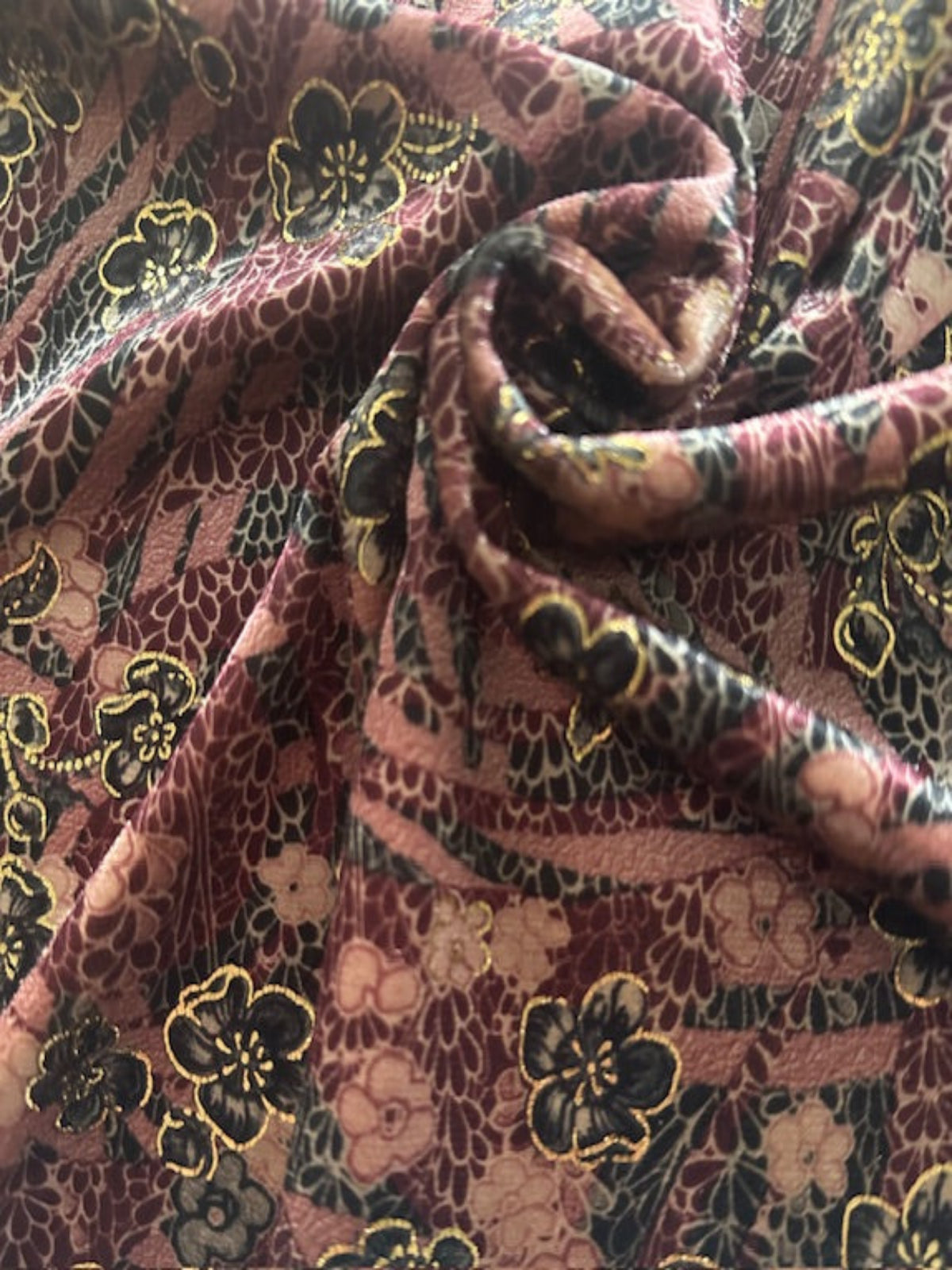 Dusty Pink/Claret Floral with Gold Highlights on Short Pile Velvet