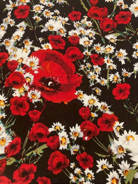 Red Poppy /White Daisy on Black Cotton Lawn