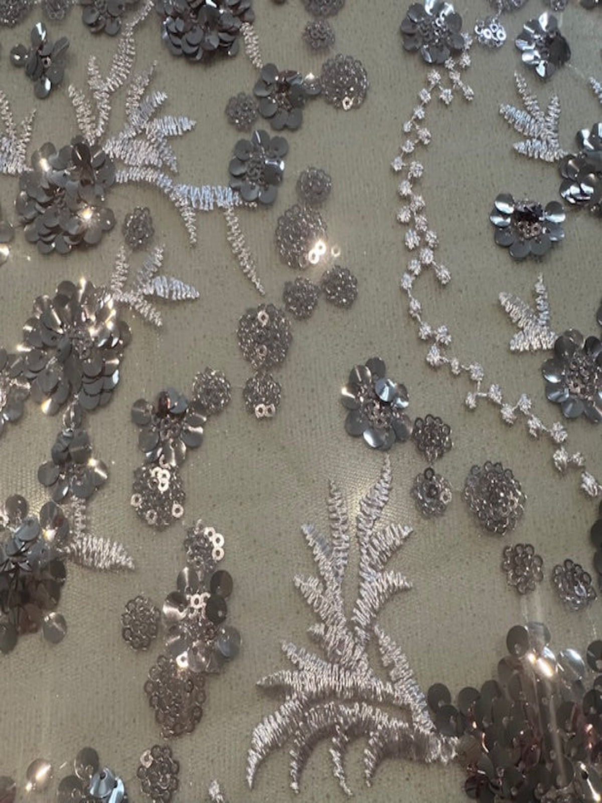 Light Mauve Sequin and Embroidery On Mesh with Scalloped Edge