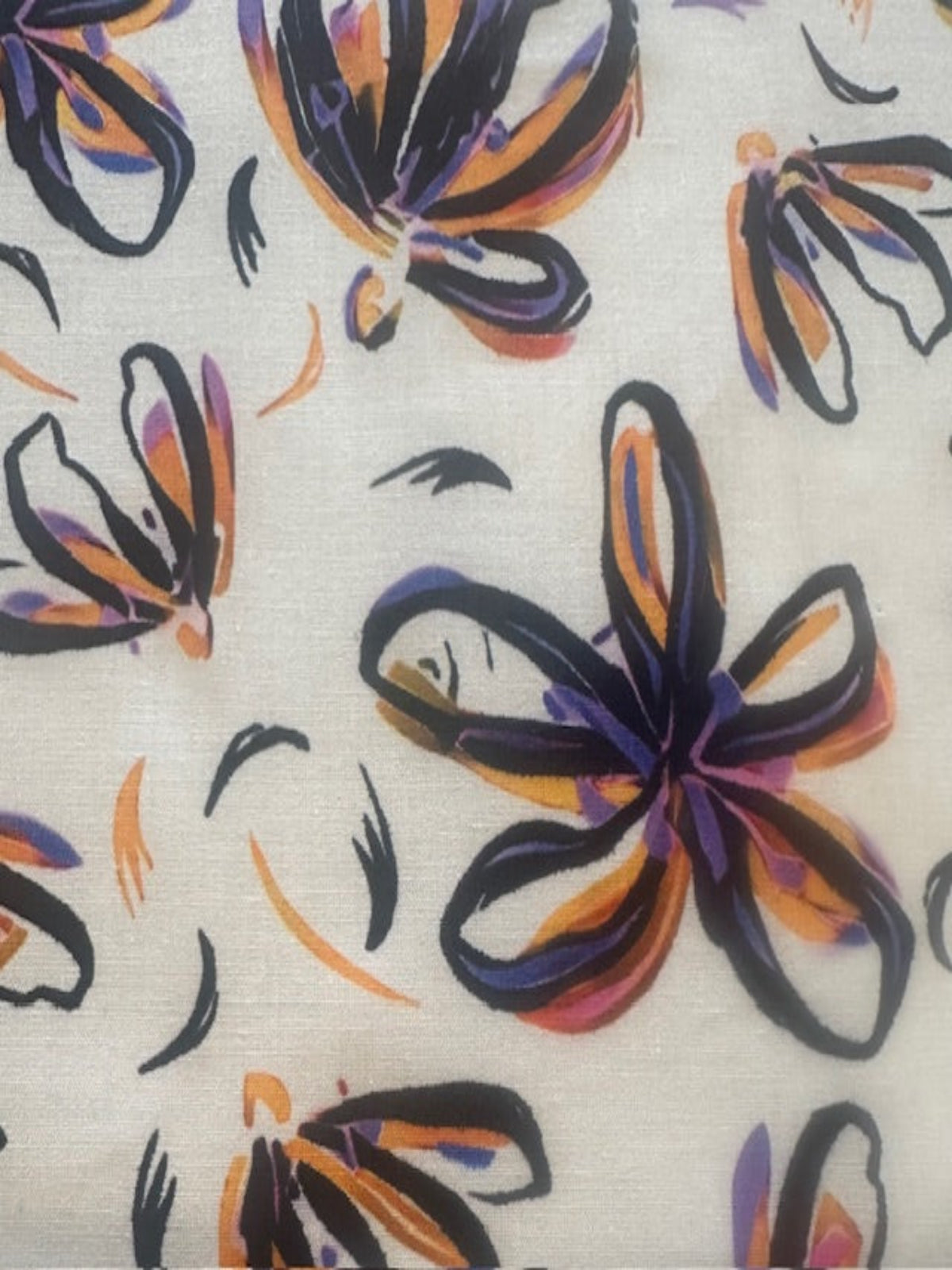 Orange/Purple Sketchy Flower on white Cotton Lawn
