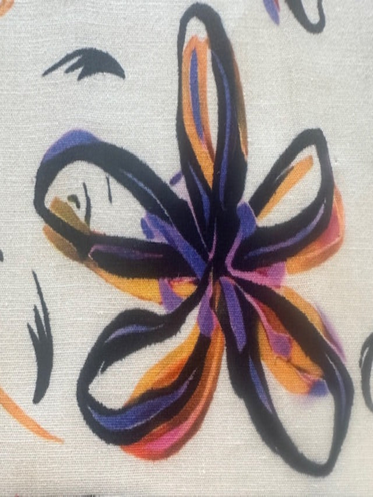 Orange/Purple Sketchy Flower on white Cotton Lawn