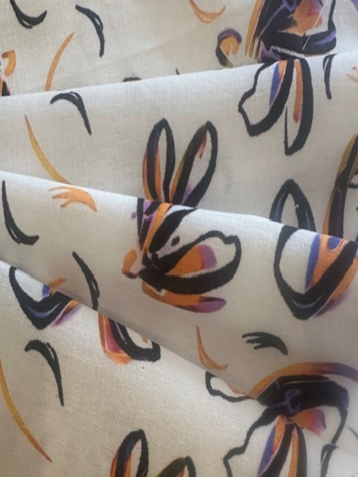 Orange/Purple Sketchy Flower on white Cotton Lawn