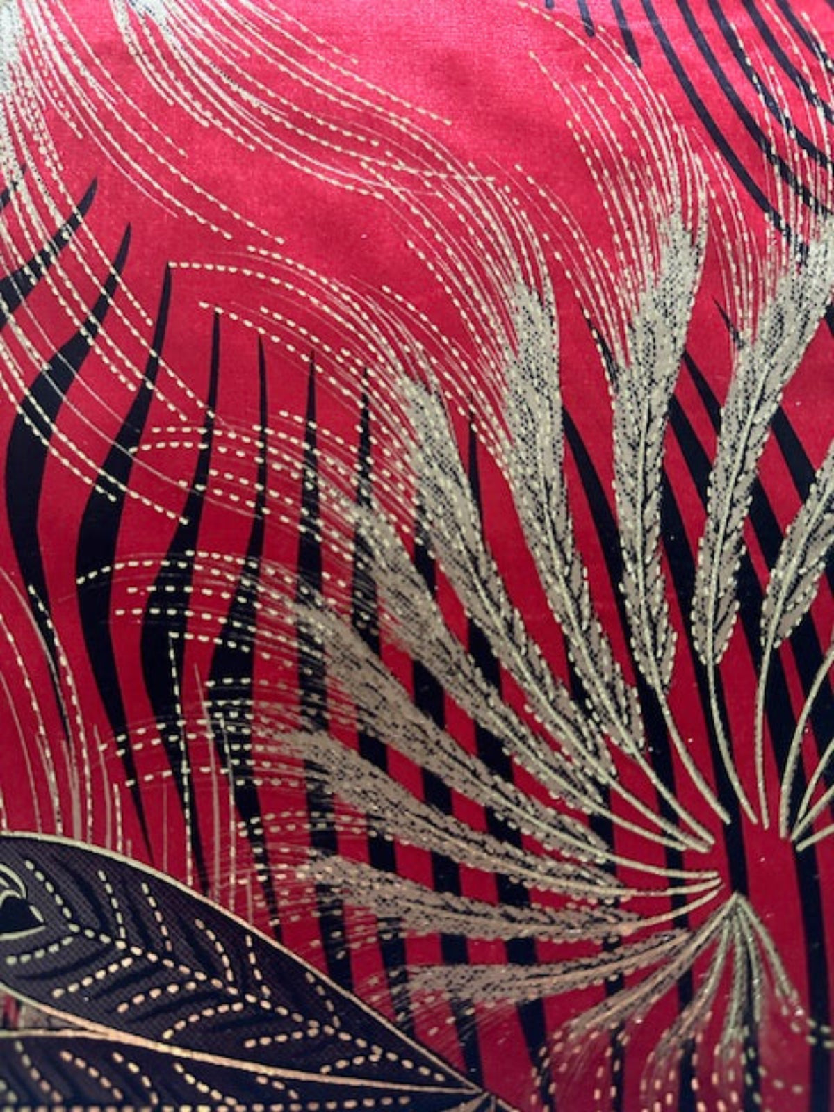 Red Fern & Barley Print Satin with Gold Highlight