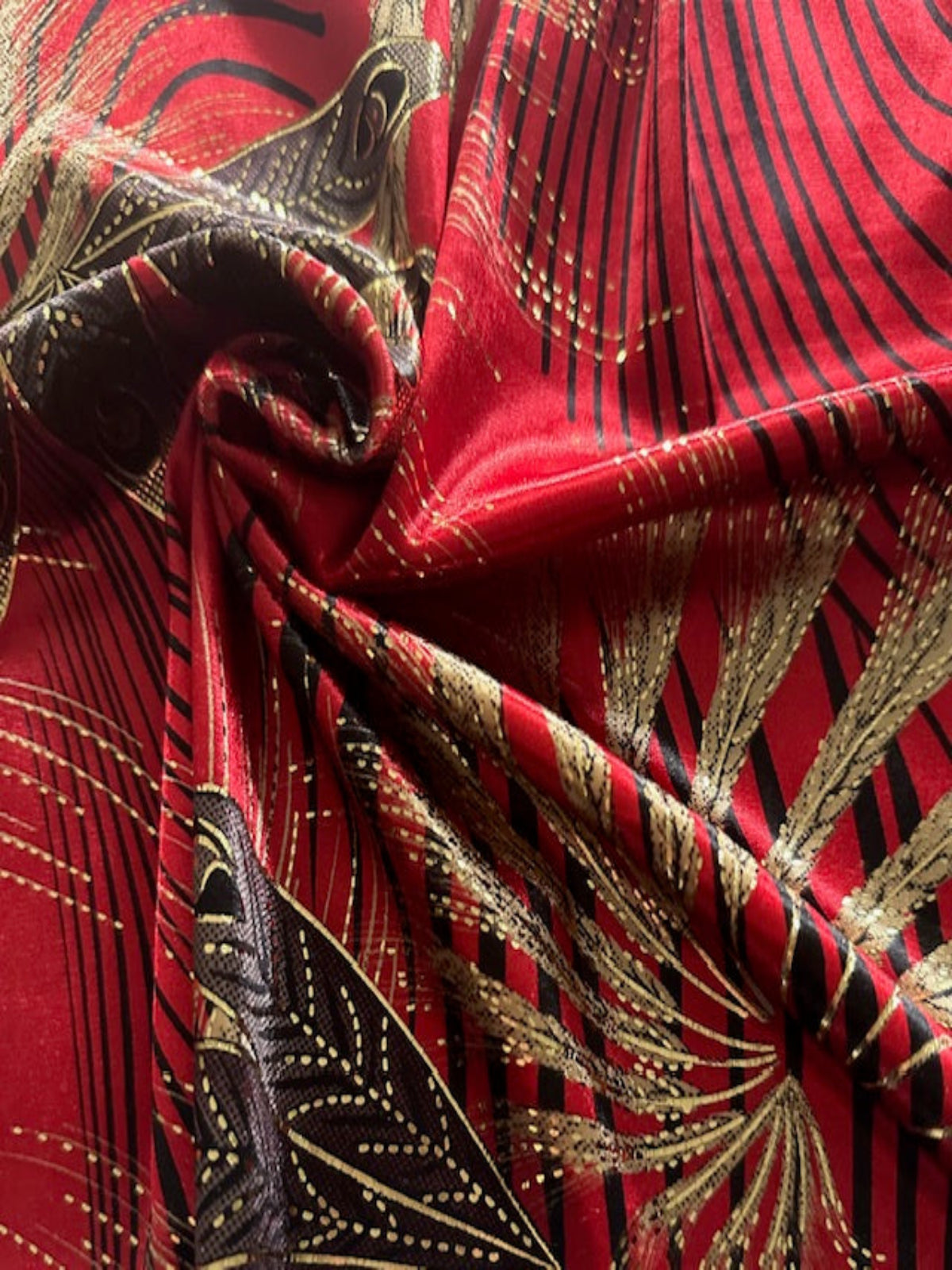 Red Fern & Barley Print Satin with Gold Highlight