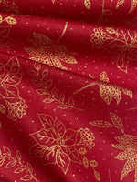 Gold Christmas Flower & Leaf on Red Cotton