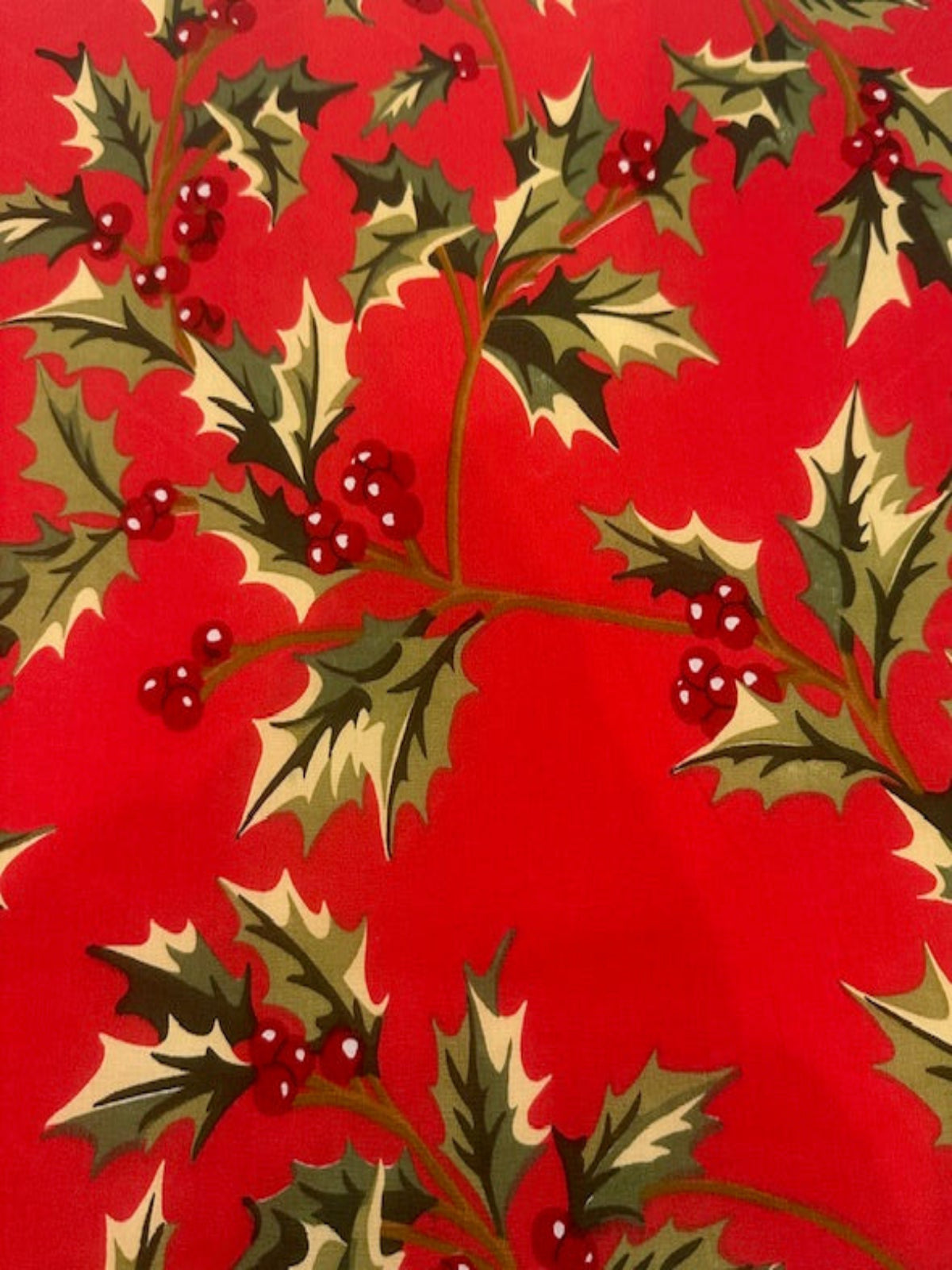 Large Christmas Holly &Berries on Red Cotton