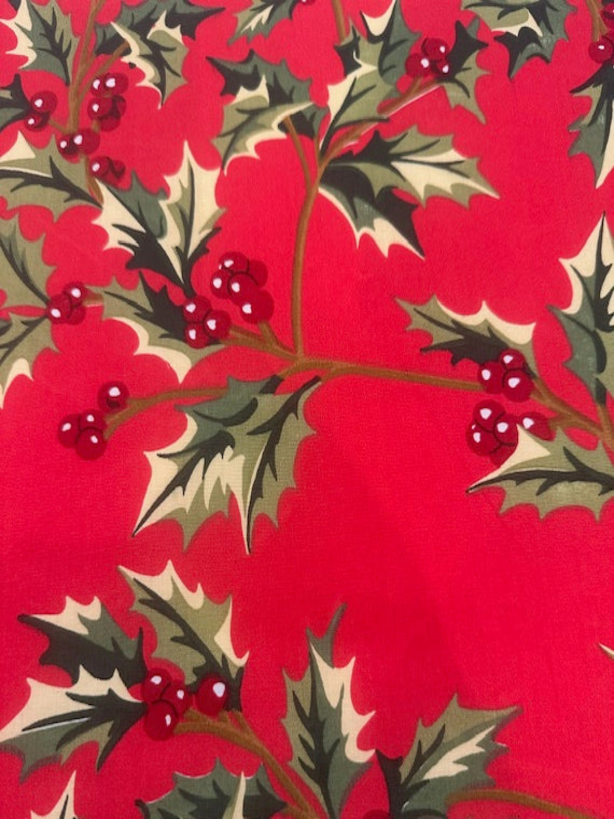 Large Christmas Holly &Berries on Red Cotton