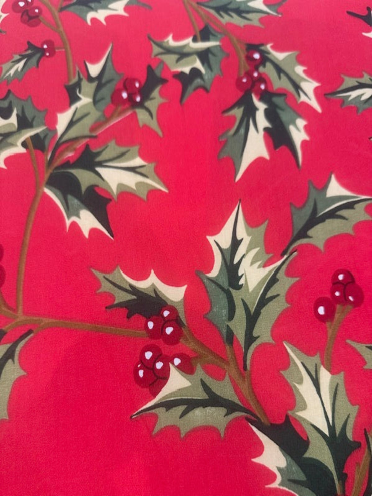Large Christmas Holly &Berries on Red Cotton