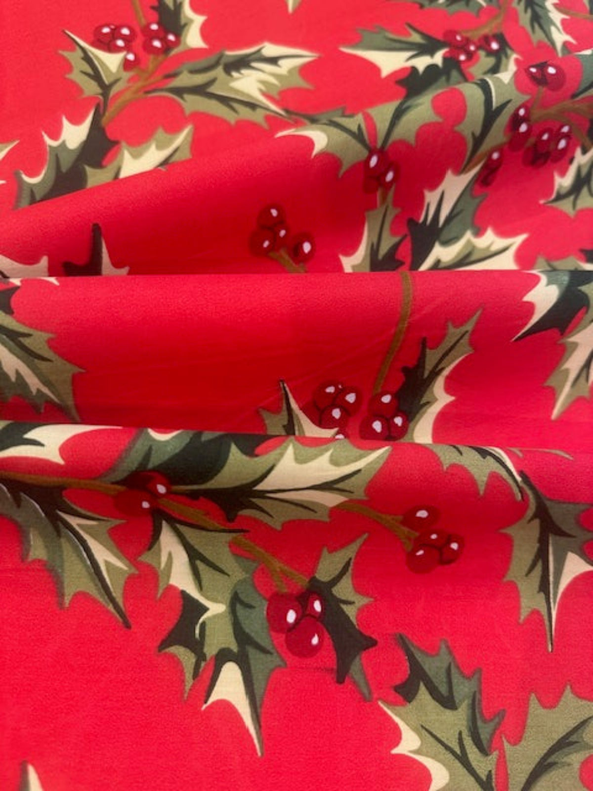 Large Christmas Holly &Berries on Red Cotton