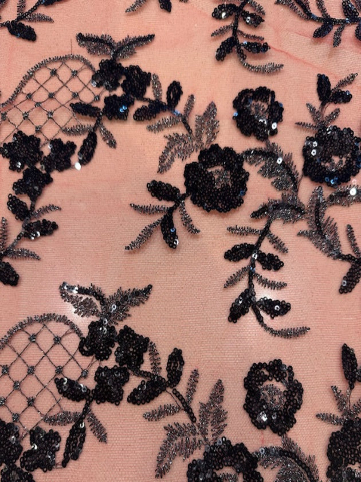 Black/Silver Trailing Flower with Lattice on Red Mesh