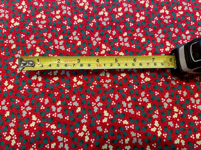 Christmas Mixed Green Small Hollies on Red Cotton 
