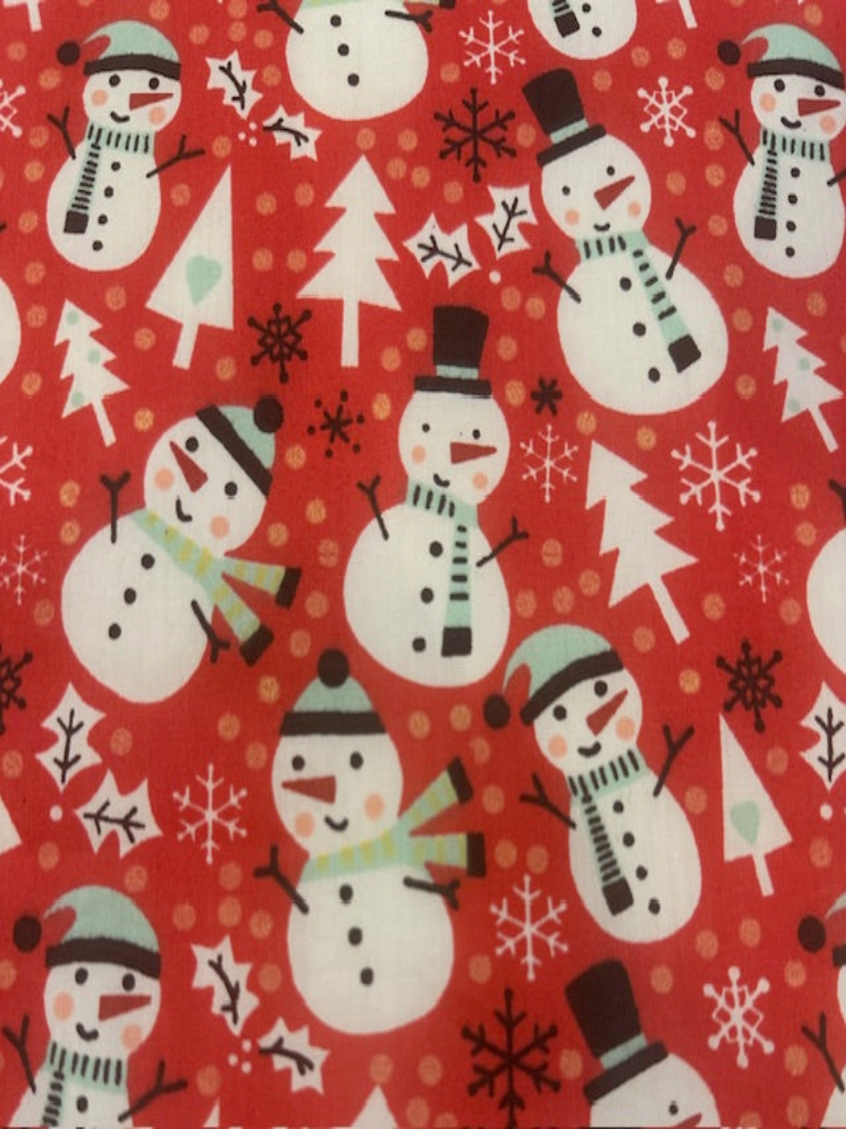 Snowman Christmas Trees & Snowflakes on Red Cotton