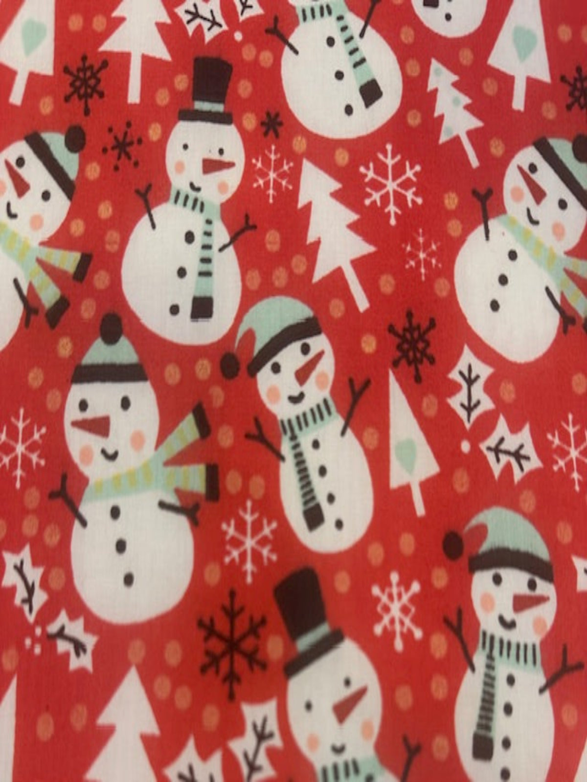Snowman Christmas Trees & Snowflakes on Red Cotton