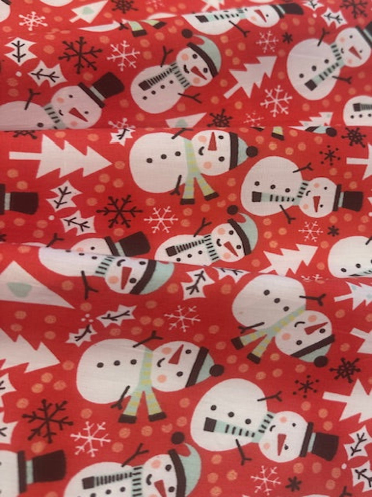Snowman Christmas Trees & Snowflakes on Red Cotton