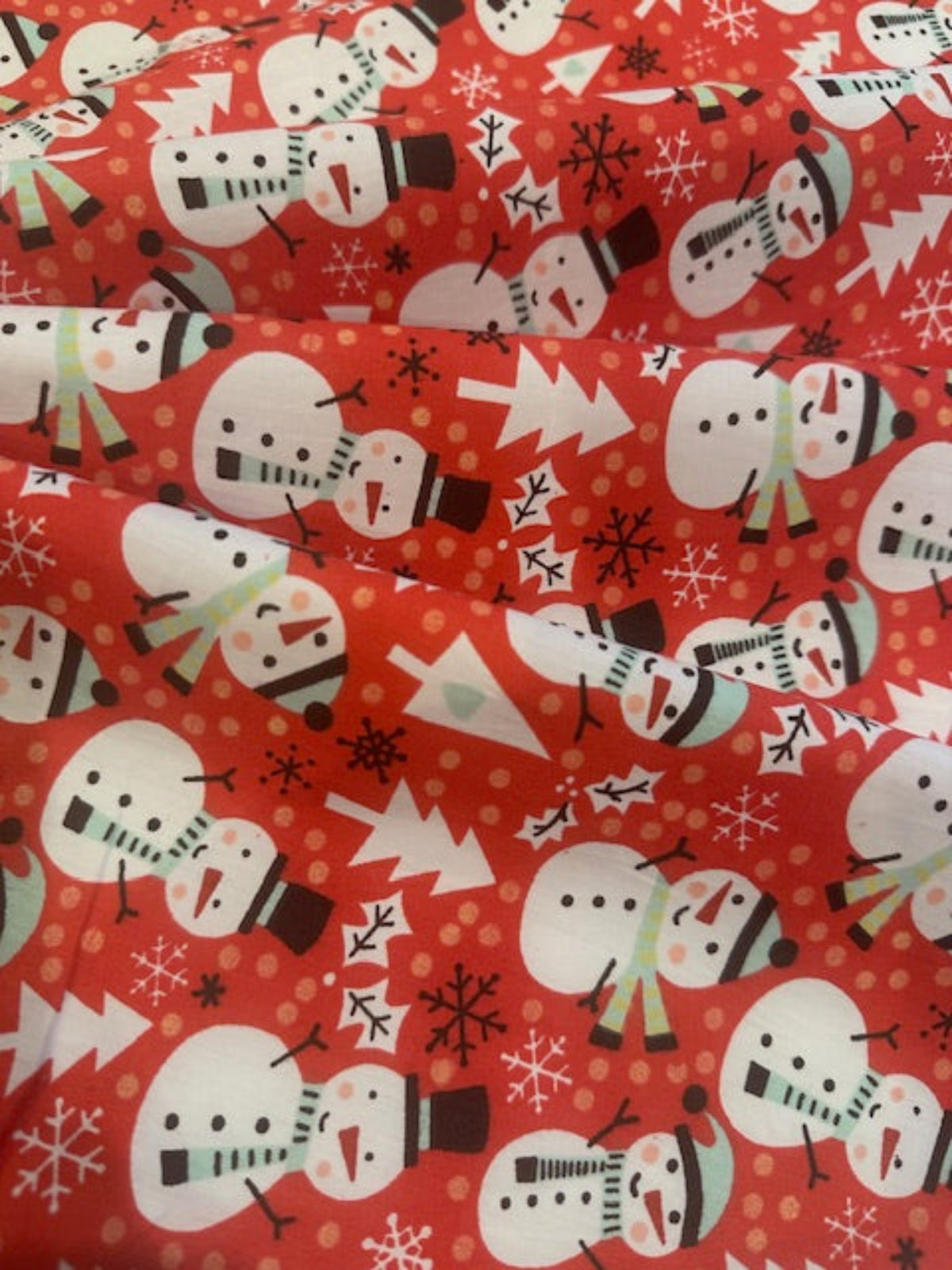 Snowman Christmas Trees & Snowflakes on Red Cotton