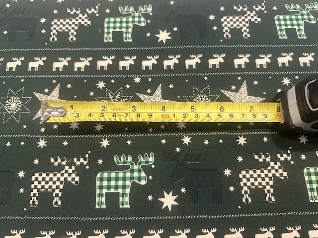 Christmas Green Scandi Reindeers on Dark Green Cotton 