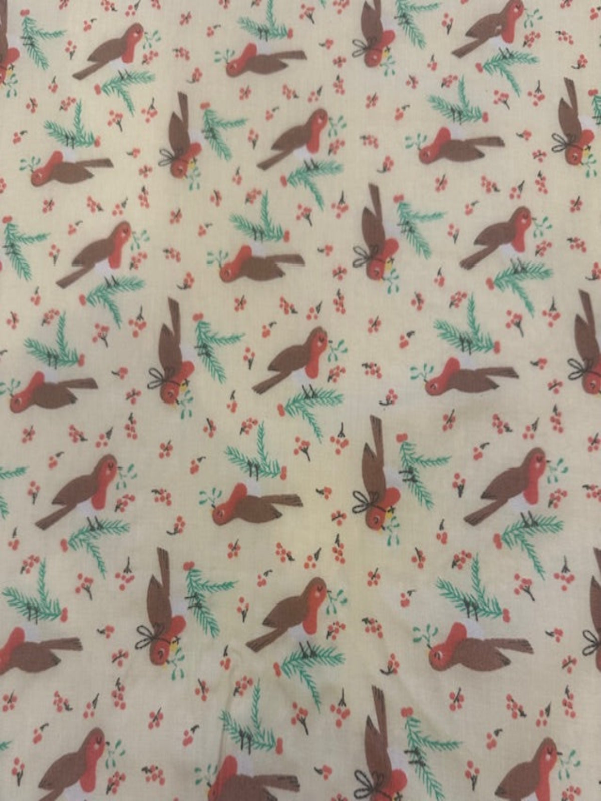 Christmas Robins & Red Berries on Cream Poly/Cotton