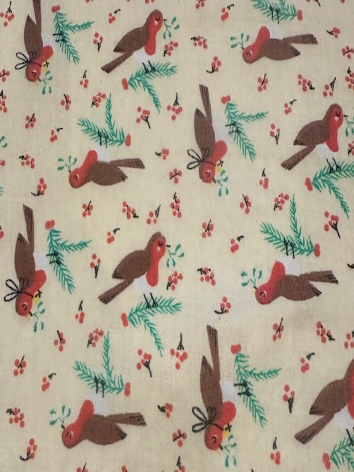 Christmas Robins & Red Berries on Cream Poly/Cotton