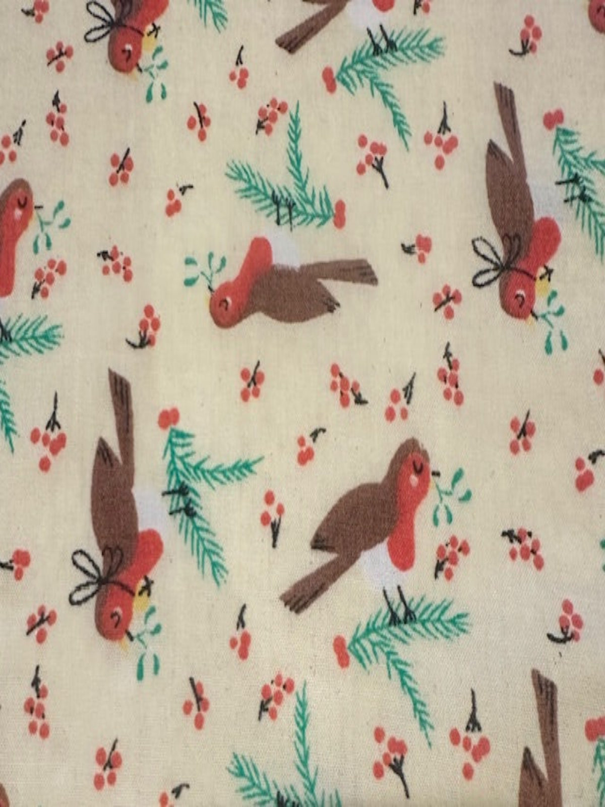 Christmas Robins & Red Berries on Cream Poly/Cotton